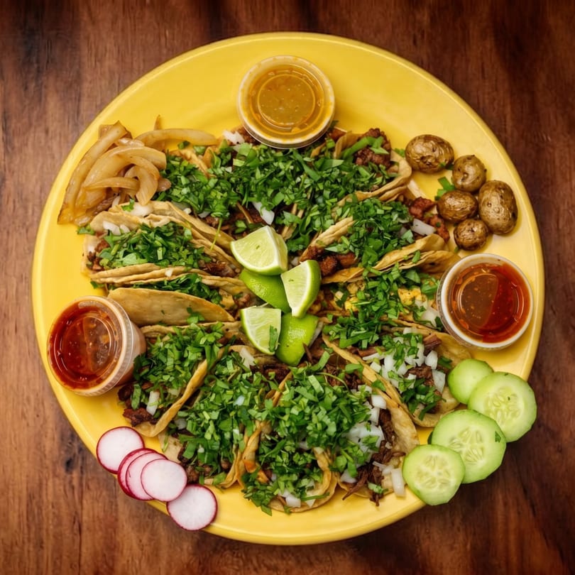 A yellow platter filled with tacos, limes, onions, radishes, cucumbers, potatoes, and two sauces.
