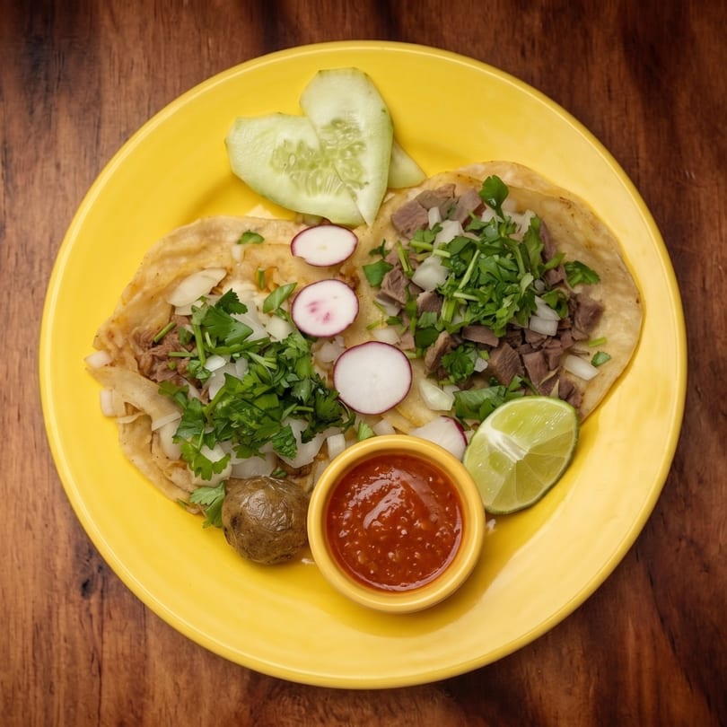 Two tacos with meat, onions, cilantro, radishes, lime, cucumber, and salsa on a yellow plate.