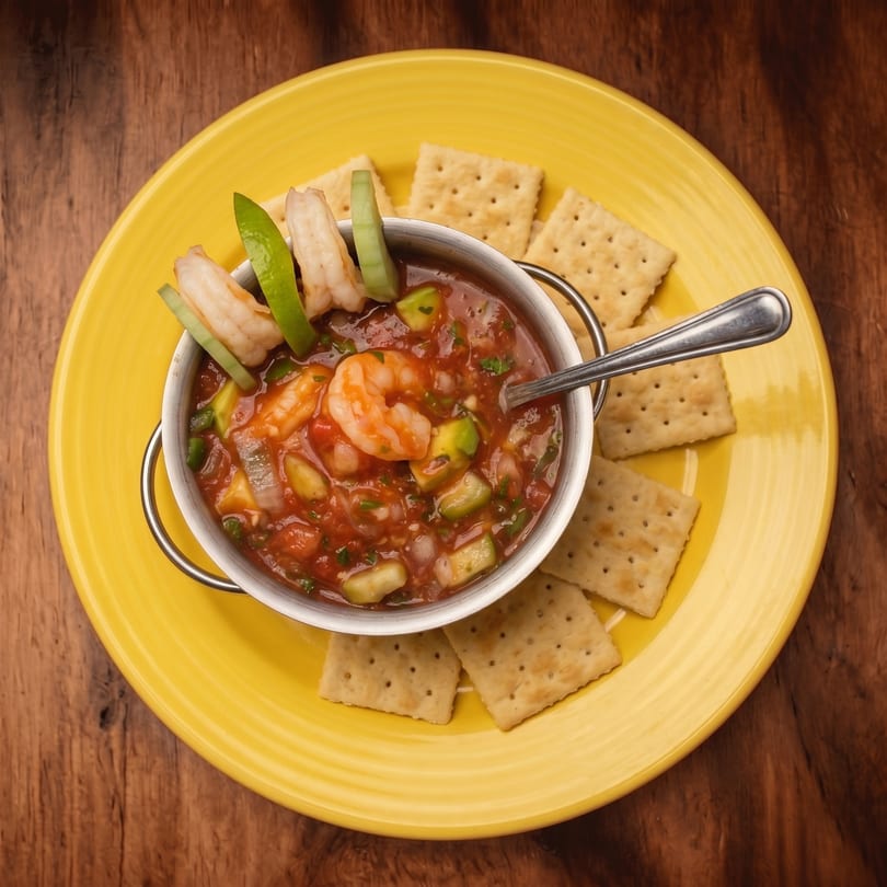 Shrimp ceviche in a metal bowl with avocado, garnished with lime and cucumber, served with crackers.