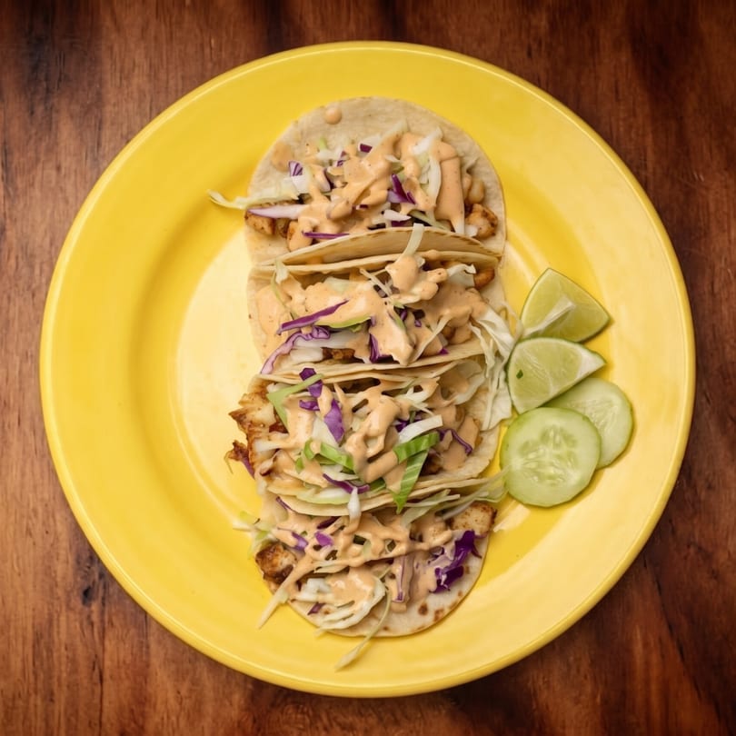 Four fish tacos with cabbage, purple slaw, and sauce, served with lime and cucumber slices.